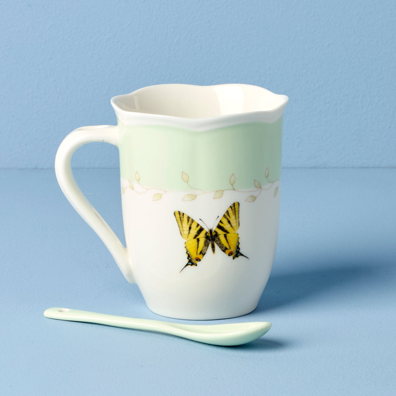 Butterfly Meadow Color Mugs with Spoons, Set of 2, Green