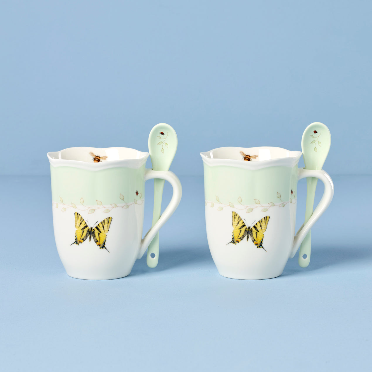 cambridge silversmiths Butterfly Meadow Color Mugs with Spoons Set of 2 Green
