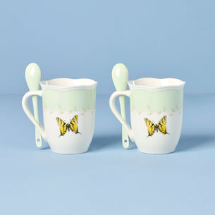 Butterfly Meadow Green Mugs With Spoons - Set of 2