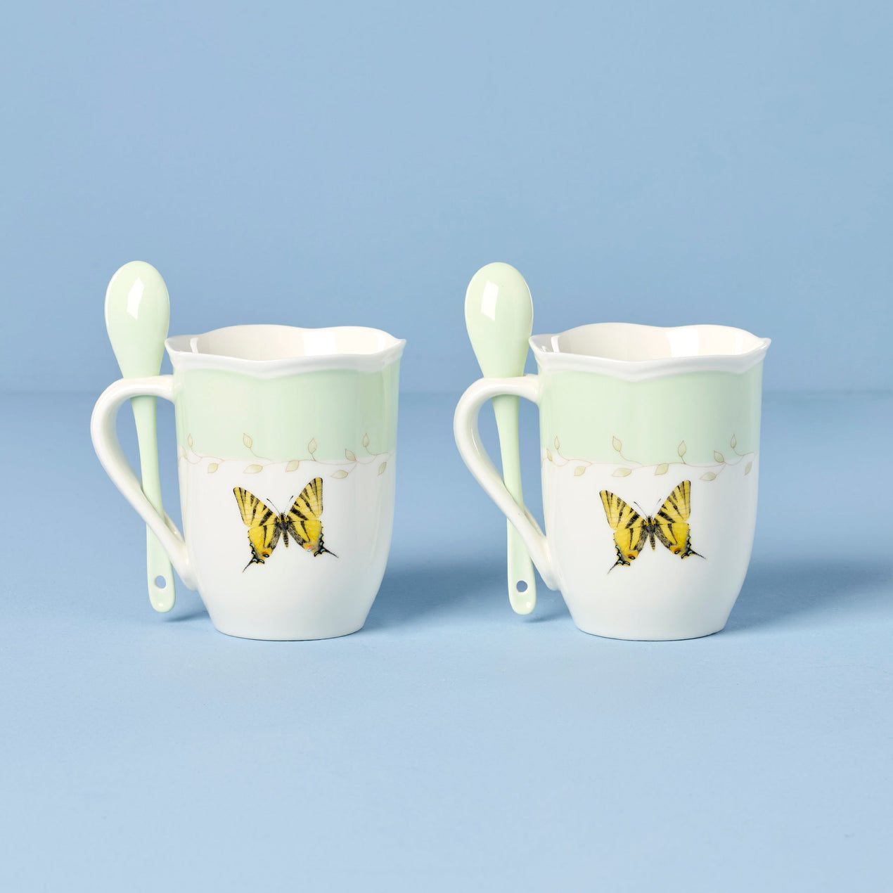 Butterfly Meadow Color Mugs with Spoons, Set of 2, Green