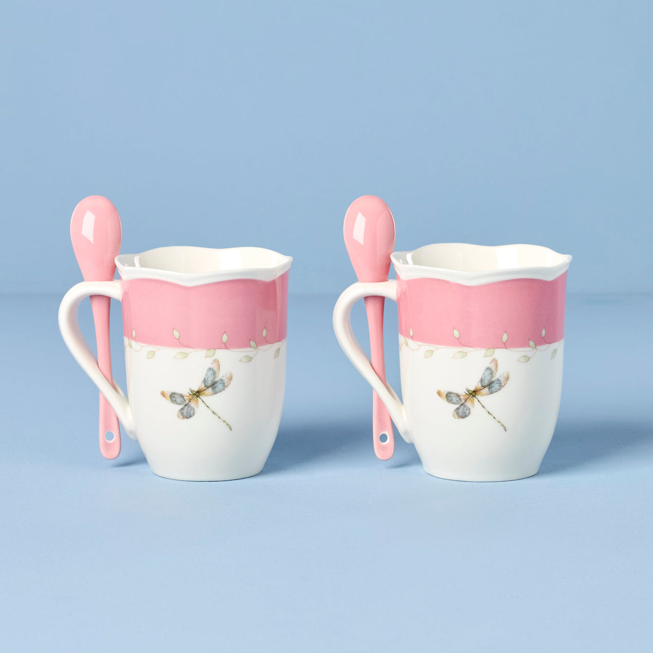 Butterfly Meadow Color Mugs with Spoons, Set of 2, Pink