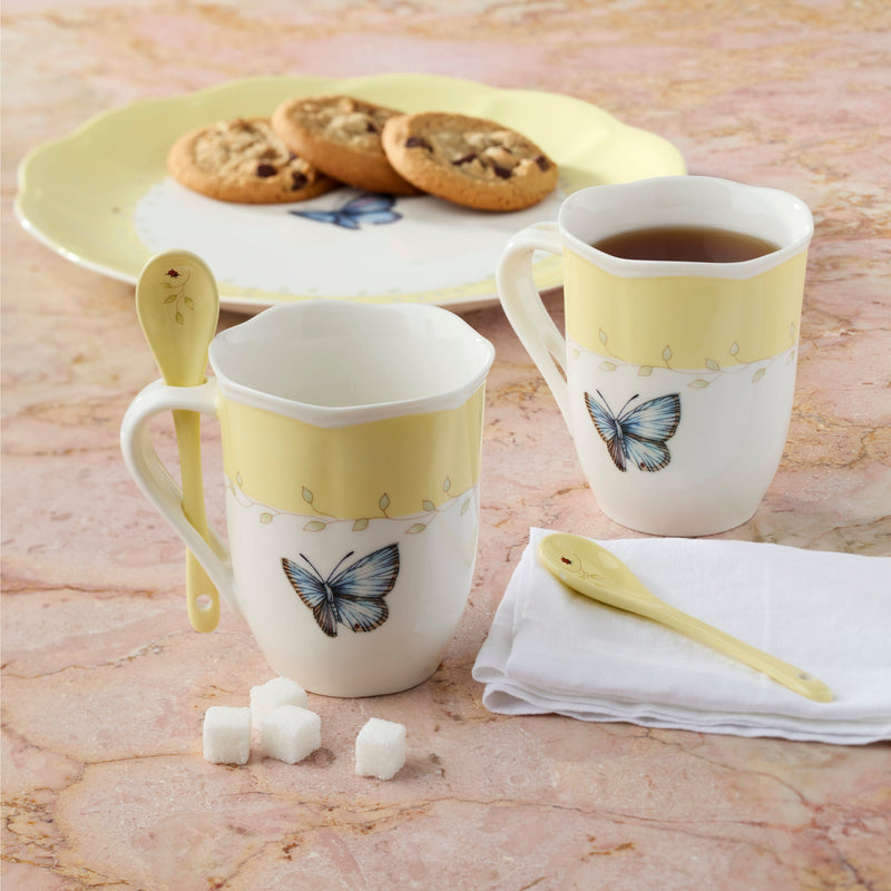 2 piece mug set with raffia Butterfly Meadow Yellow Mugs with Spoons, Set of 2