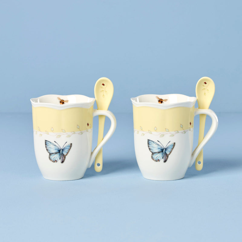 Butterfly Meadow Yellow Mugs with Spoons, Set of 2
