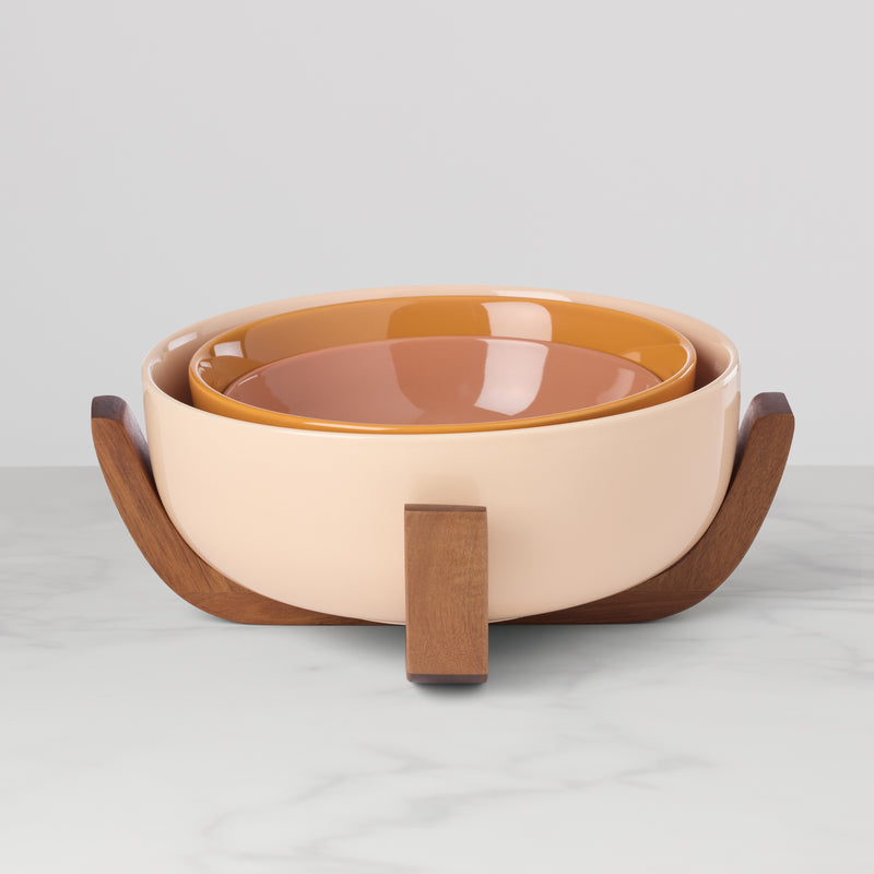 24 Seven Colors Nesting Bowls With Wood Stand, Sunbaked