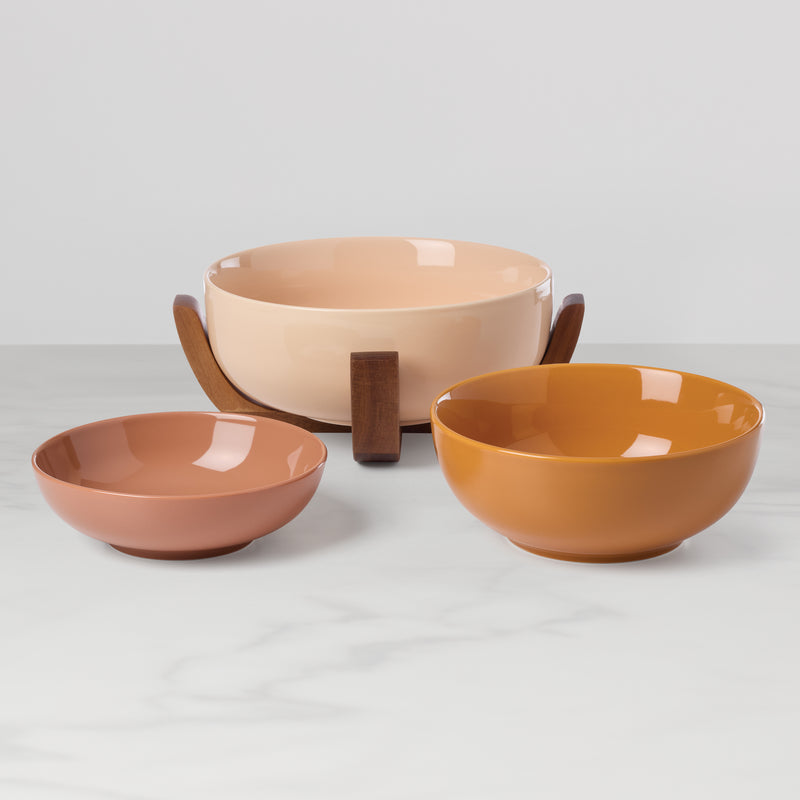 24 Seven Colors Nesting Bowls With Wood Stand, Sunbaked