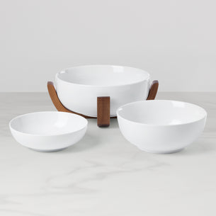 24 Seven White 3-Piece Nesting Bowl Set with Wood Stand