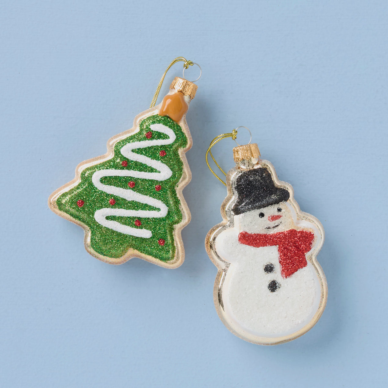 Blown Glass Snowman & Tree Cookie Ornaments 2 pc Set