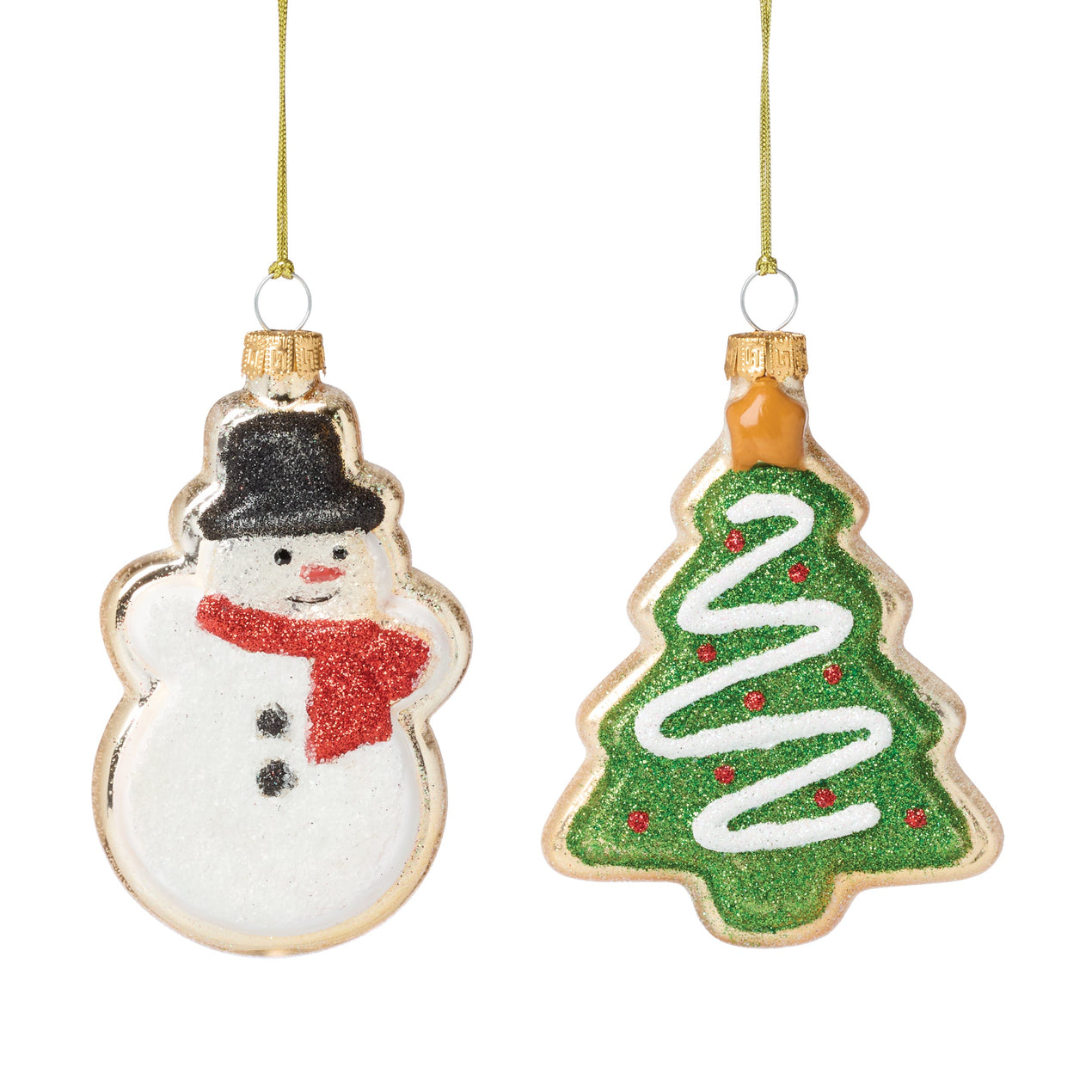Blown Glass Snowman & Tree Cookie Ornaments 2 pc Set