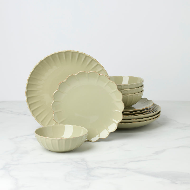 French Perle Scallop Matcha 12-Piece Dinnerware Set