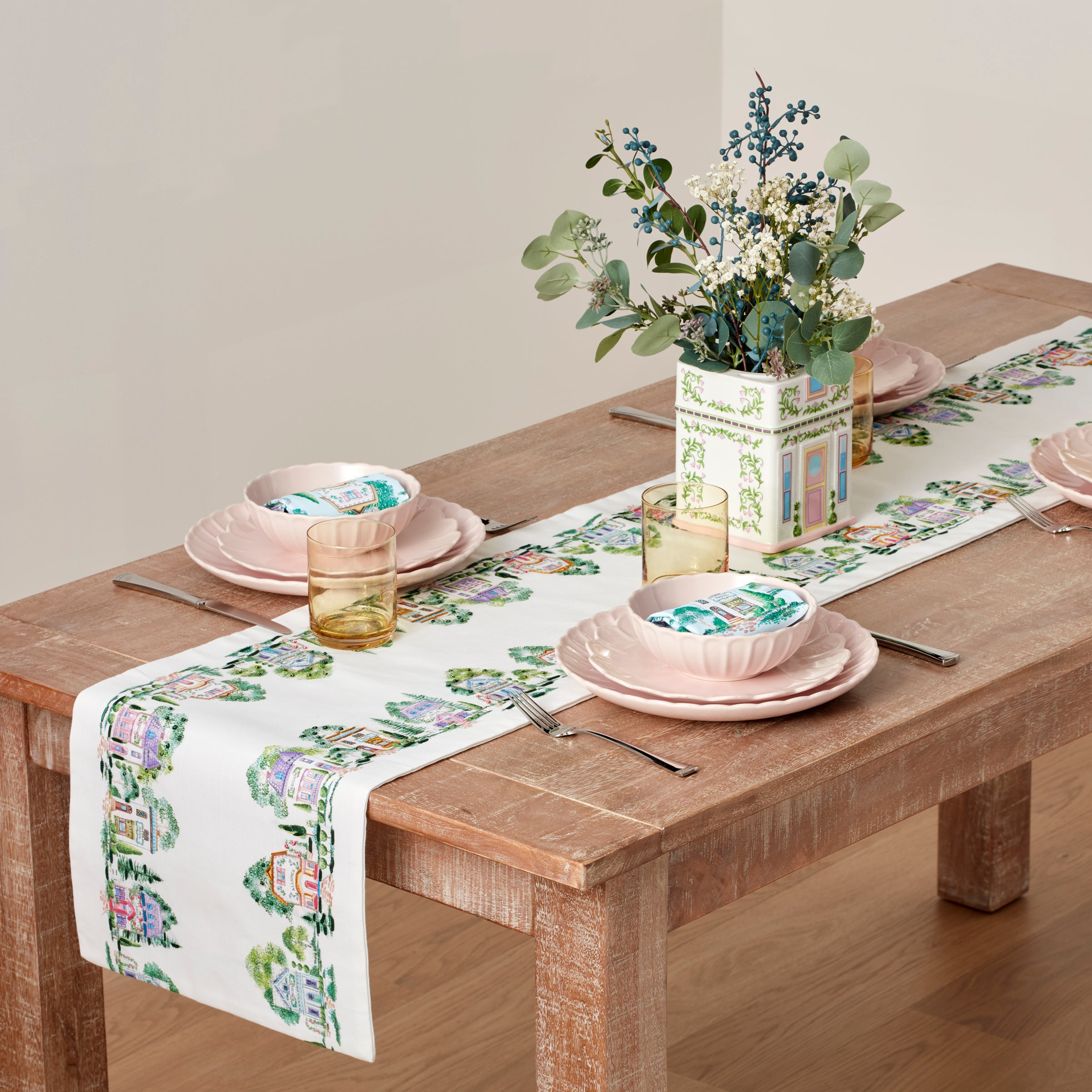 Lenox Spice Village Print Embroidered 14x70 Table Runner