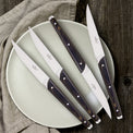 Set of four steak knives with wooden handles on a light green plate.