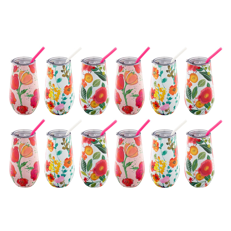 16 oz Floral Wine Tumblers With Straws, Set Of 12