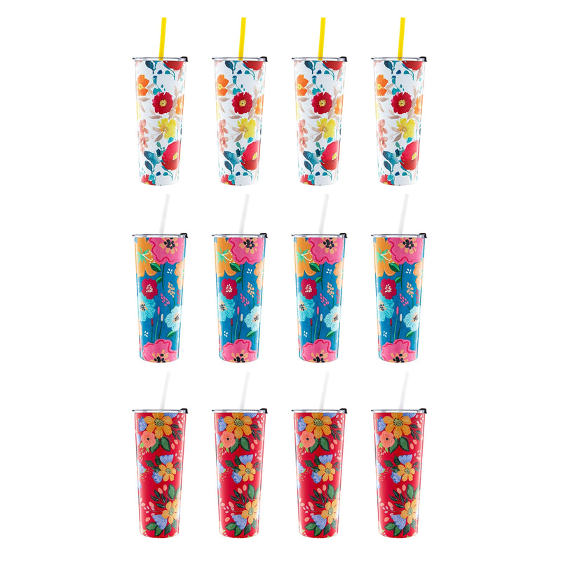 Cambridge EABT03MXCB0BM 24 oz Floral Insulated Tumblers With Straws, Set Of 12 (4 Of Each Color)