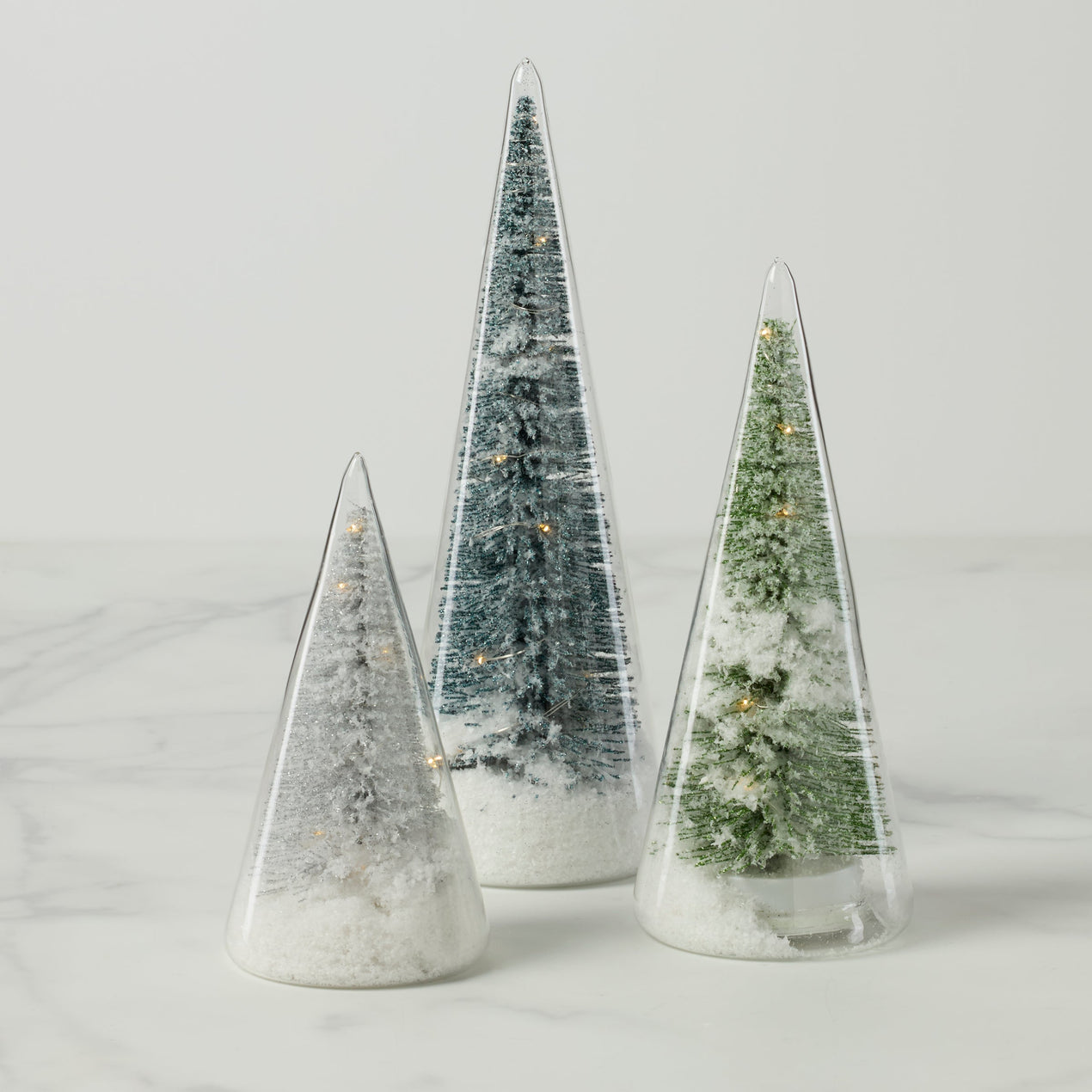 LED Lit Holiday Brush Trees in Glass 3-Piece Set