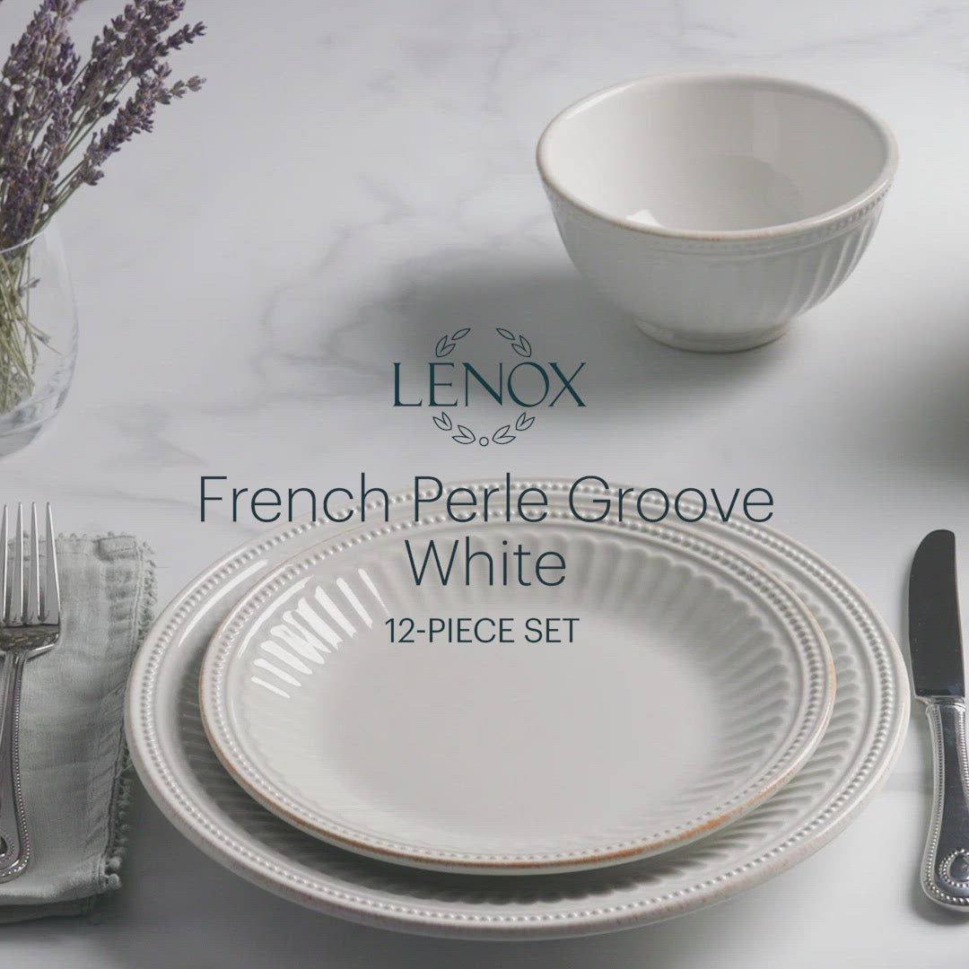 French Perle Groove 12-Piece Plate & Bowl Dinnerware Set - Thumbnail 3