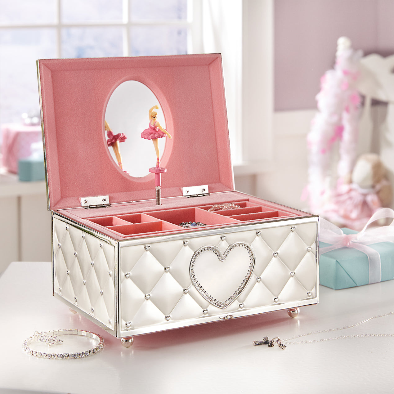 SONGMICS Ballerina Music Jewelry Box for Little Girls White