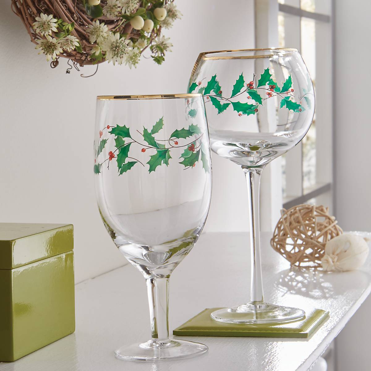 Christmas Holly Martini Glasses, Christmas Martini Glasses