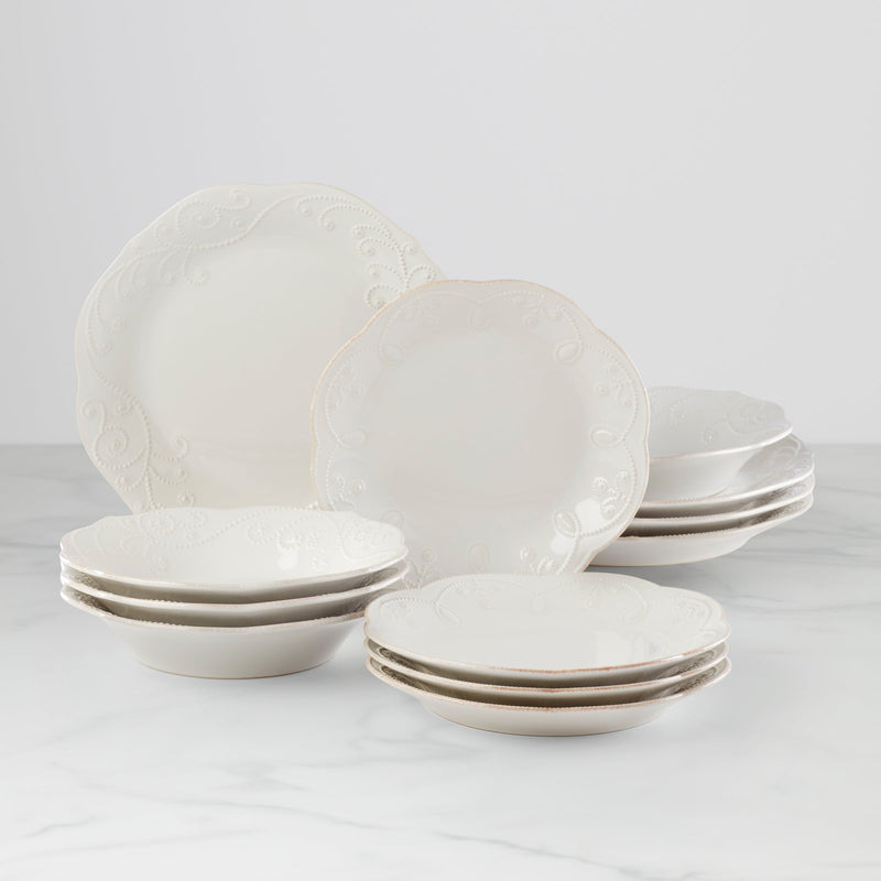 French Perle White 12-Piece Dinnerware Set