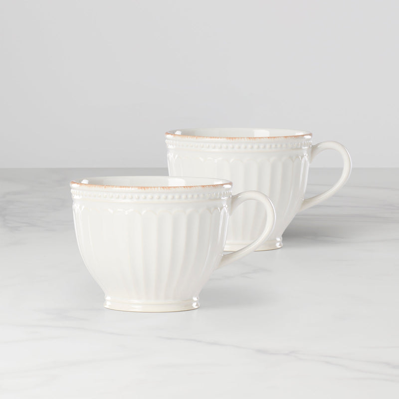 French Perle Groove White Latte Mugs, Set of 2