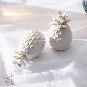 Two white ceramic pineapples on a textured surface with soft lighting.