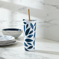Blue Bay Leaf Pattern Stainless Steel Tumbler With Straw