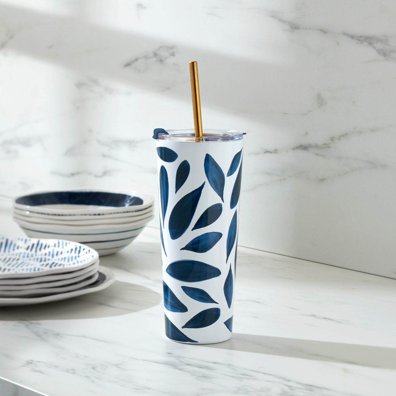 Lenox 895727 Blue Bay Leaf Pattern Stainless Steel Tumbler with Straw