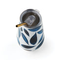Blue Bay Leaf Pattern Stainless Steel Wine Tumbler With Straw