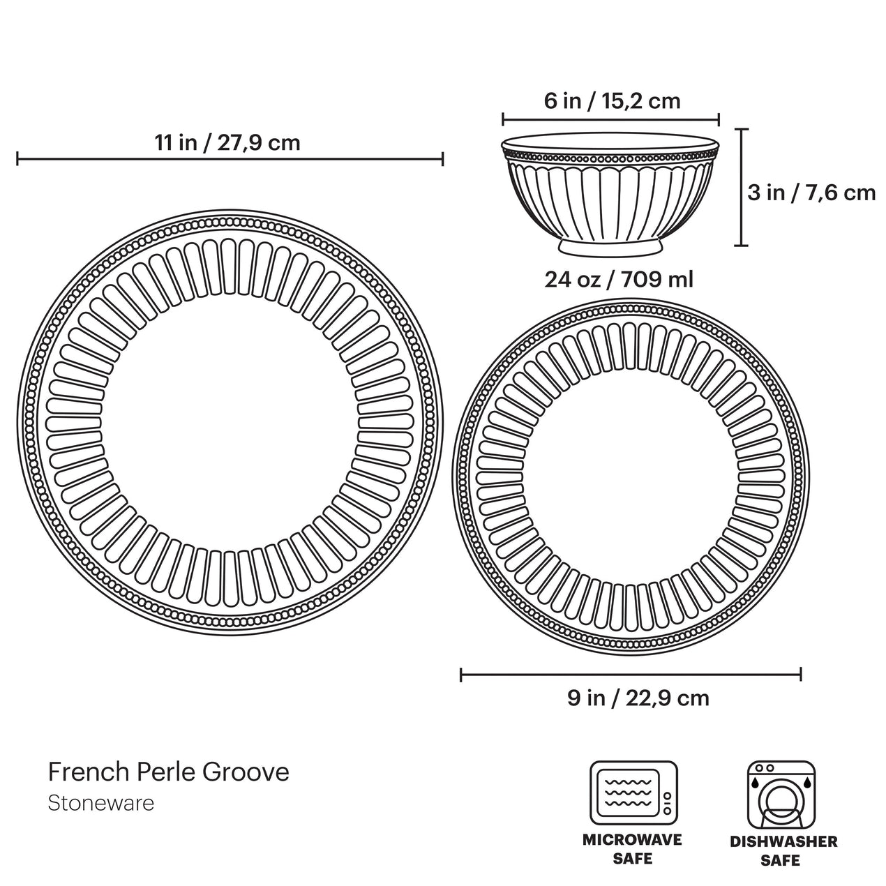 French Perle Groove 12-Piece Plate & Bowl Dinnerware Set